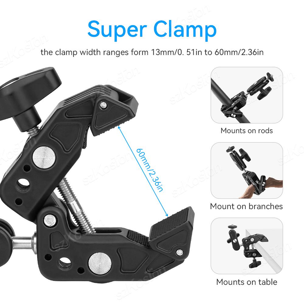 Металлический суперзажим с отверстием 1/4'' 3/8'' с двойной шаровой головкой Magic Arm Clamp для телефона, видеокамеры, монитора, светодиодной подсветки, микрофона