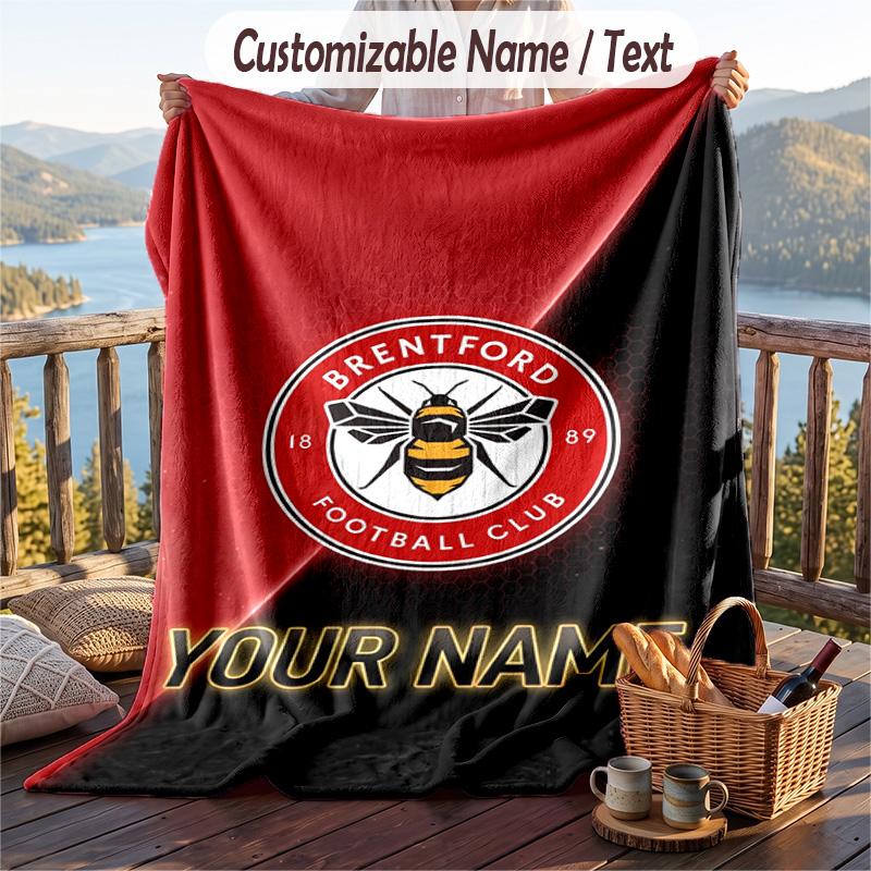 Flannel Blanket Brentford Football Print Custom Name Text Soft Throw for Sofa Bed
