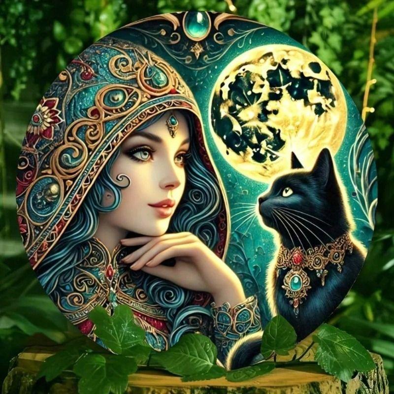 Винтажный Металлический Постер Женщина Черная Кошка Луна Настенное Искусство Гостиная