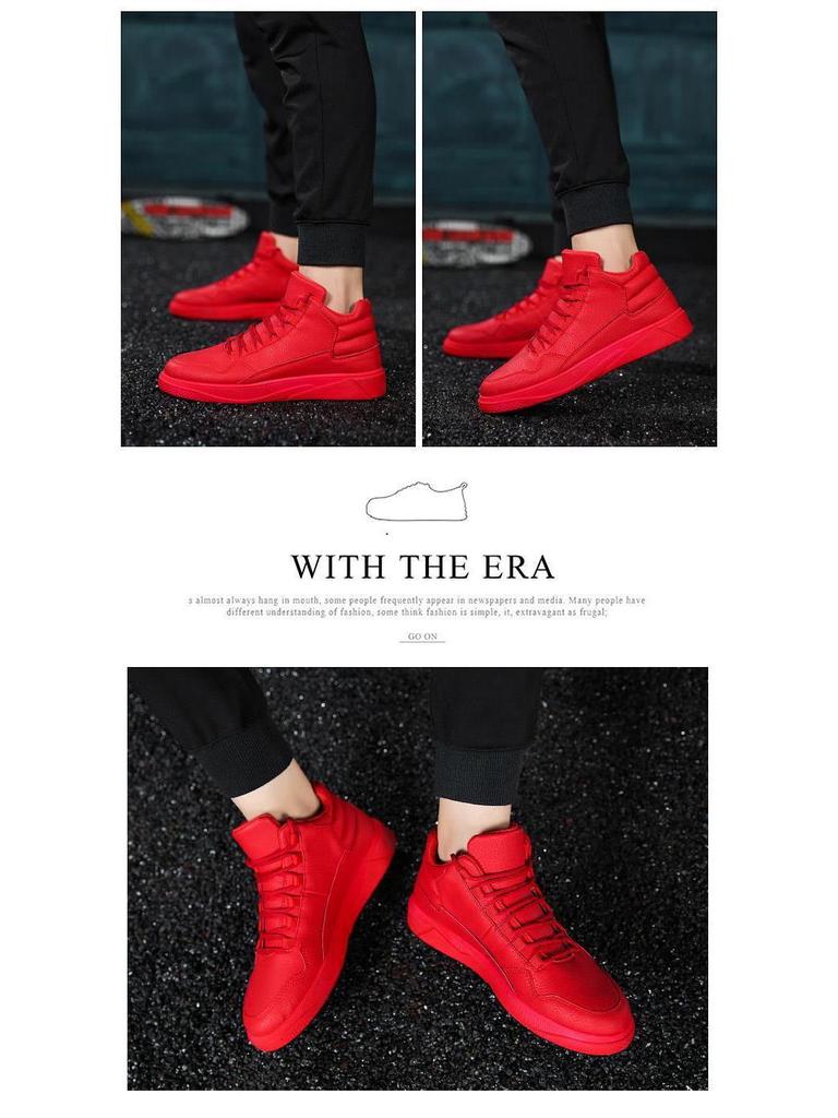 Мужские красные спортивные кроссовки с высоким верхом - корейский стиль, осень/зима, с плюшевой подкладкой, модная повседневная обувь.
