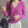 Женский вязаный кардиган с V-образным вырезом на осень и зиму 2023 года — длинный рукав, свободный крой, короткая куртка-свитер