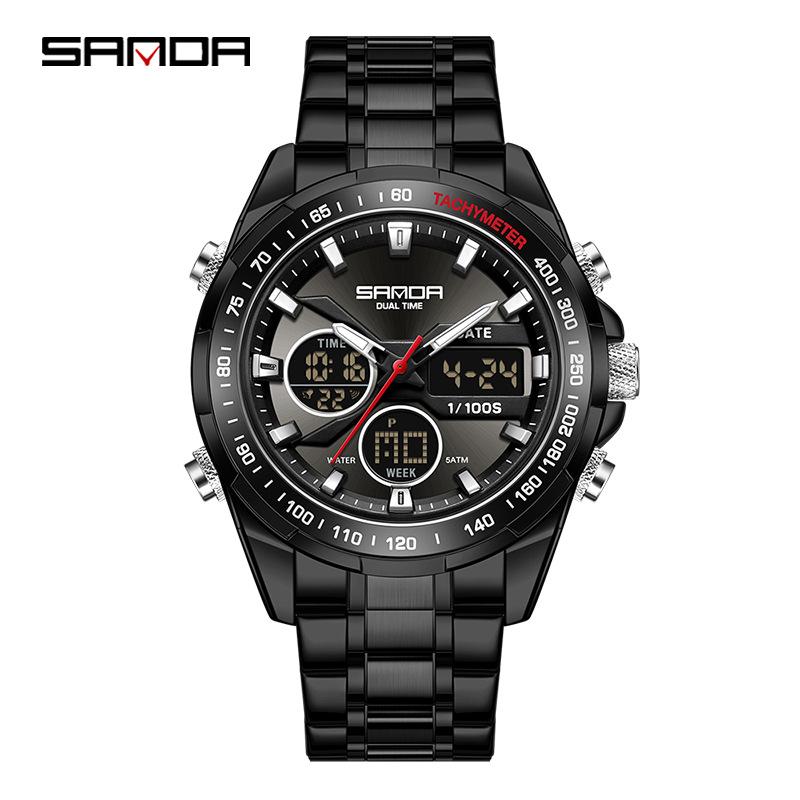 SANDA Stereoscopic Dual Display Watch Men's Steel Band Sunday Date 12/24 Hour 5ATM Waterproof Night Light Alarm Clock
