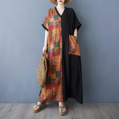 Женское черное длинное платье в стиле пэчворк, ретро-халат