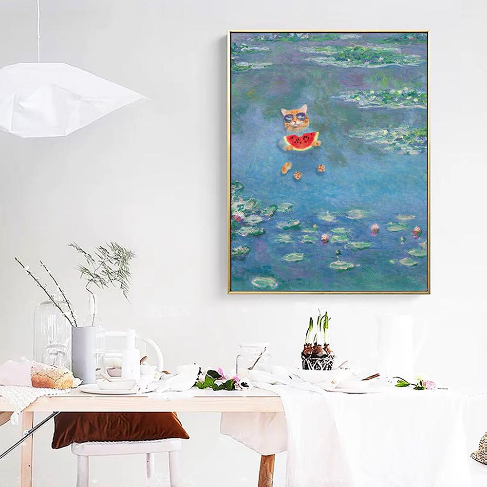 Cat Bathing In The Pond Of Water Lillies Abstract Landscape Wall Art Monet Canvas Painting Poster Print Picture Room Home Decor
