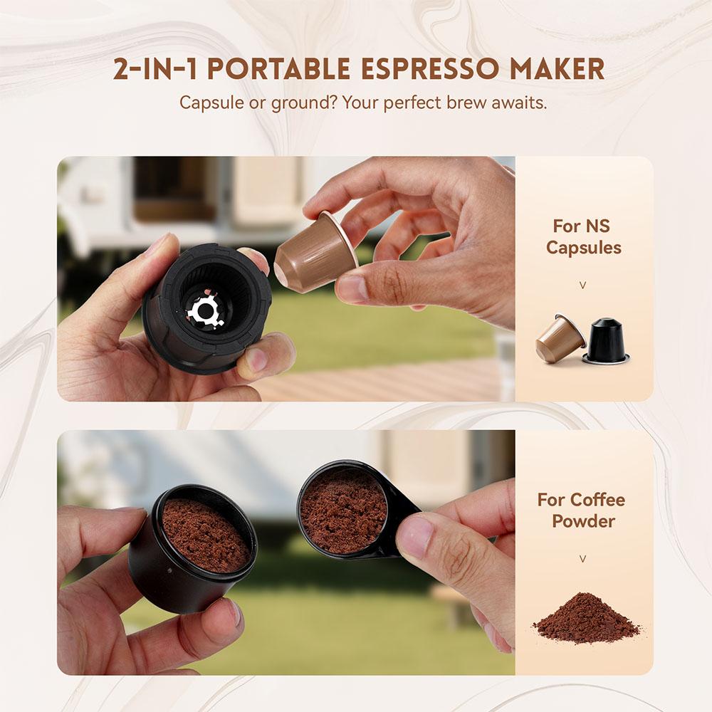 Hydrofast PO-100 Portable Espresso Maker, 15-Bar Pressure, 7800mAh Battery, 2-in-1 Capsule & Ground Coffee, Wireless Heating, Compact Travel Design