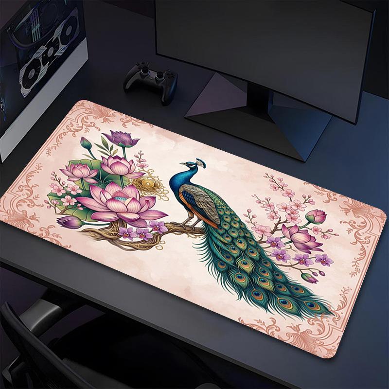 Peacock Flowers Xl Gaming Mouse Pad Nonslip Rubber Base Stitched Edge Waterproof Desk Mat For Pc Laptop Gamer Office Computer Accessories C927504