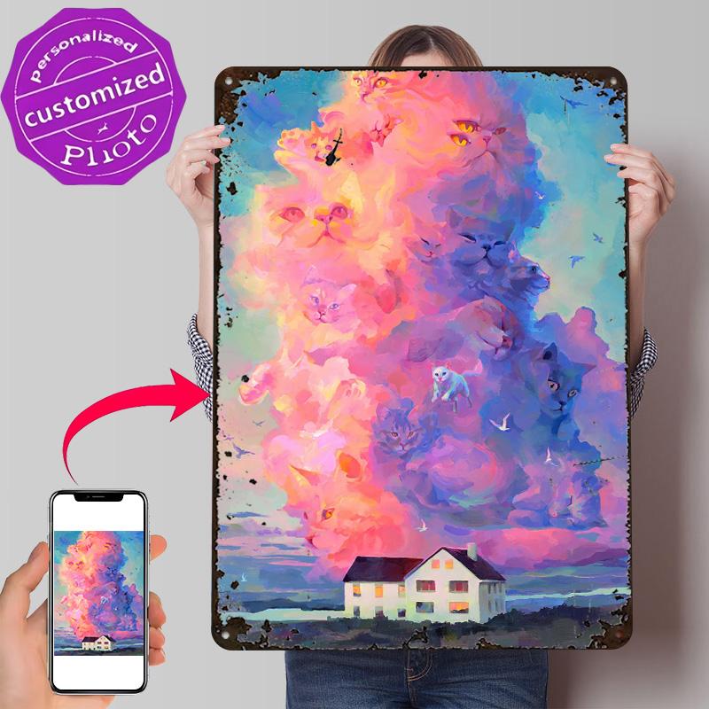 Cat Cloud D Texture Metal Poster Customized Wall Art Tin Sign Gift for Mancave Decor Room Decoration Gaming Bedroom Decorations