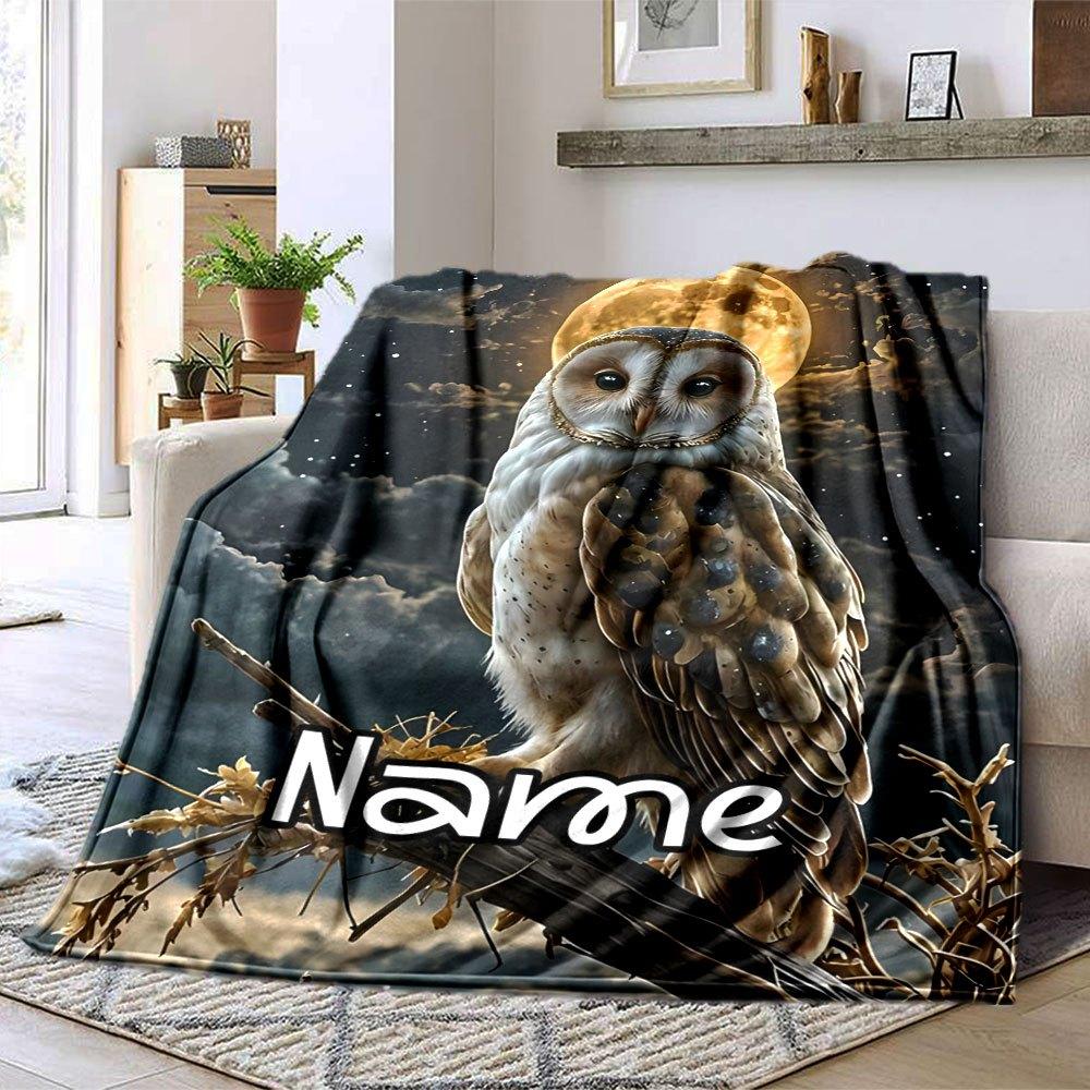 Moonlit Owl Perch Cozy Customizable Blanket Personalized Name Ultra Soft Perfect For Sofa Couch Office Bed Picnics Ideal For All Seasons Warmthful