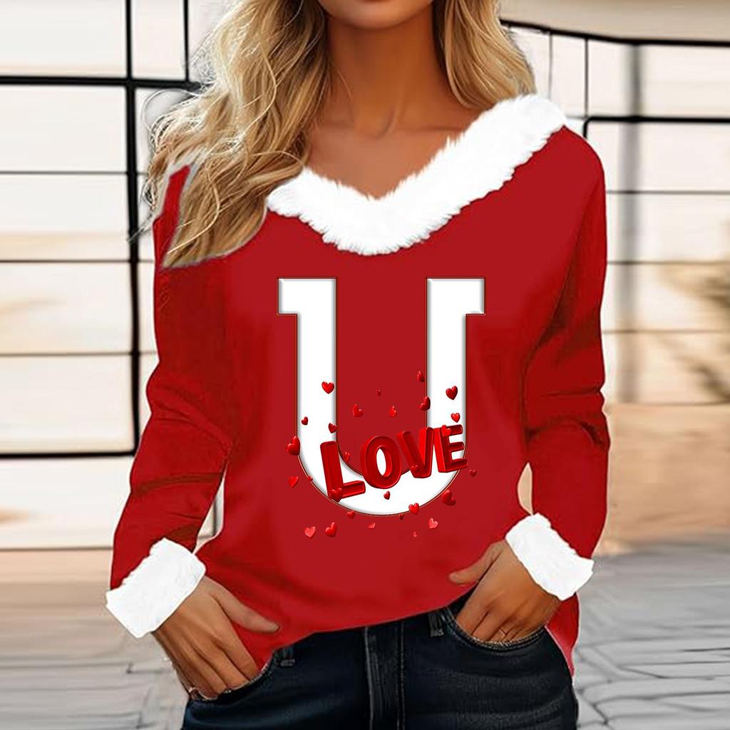 Женская футболка с принтом ко Дню святого Валентина, рубашка с длинными рукавами, шерстяной воротник, топ с V-образным вырезом и надписью «Любитель вечеринок»