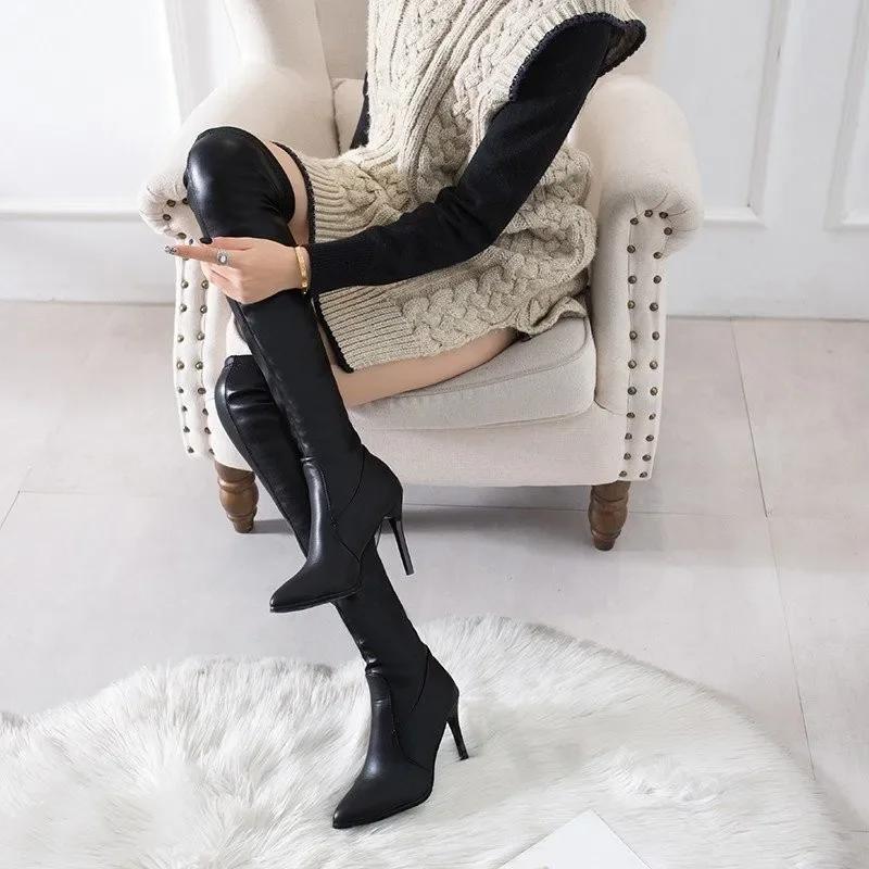 Knee-length Boots Women Spring Autumn Shoes Black Thin High Heels Sexy Pointed Toe Long Bota Feminina 10cm Heels Botas De Mujer