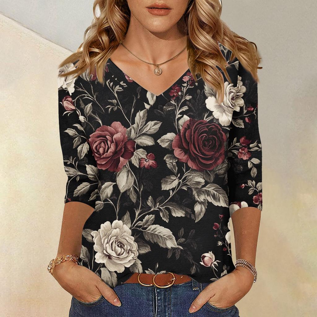 Женские топы, рубашка с рукавом три четверти, свободная повседневная рубашка с V-образным вырезом, футболка с цветочным принтом