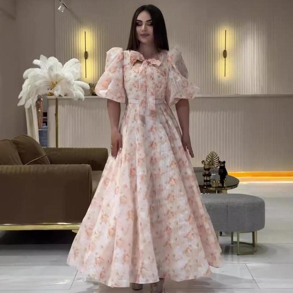 Летнее женское милое французское длинное платье с пышными рукавами и сборкой на талии для чаепития