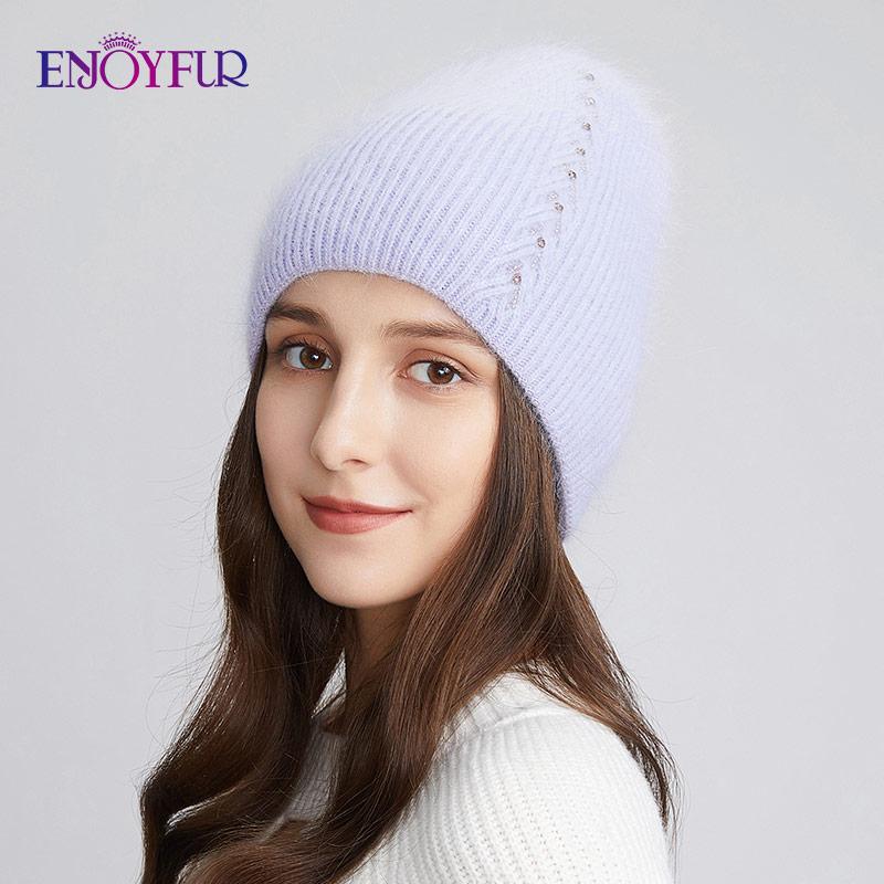Мягкая шапка ENJOYFUR, теплые зимние женские шапки, мягкая ангорская шерсть, вязаная шапка-бини, толстая двойная подкладка, повседневные шапки в русском стиле с черепом