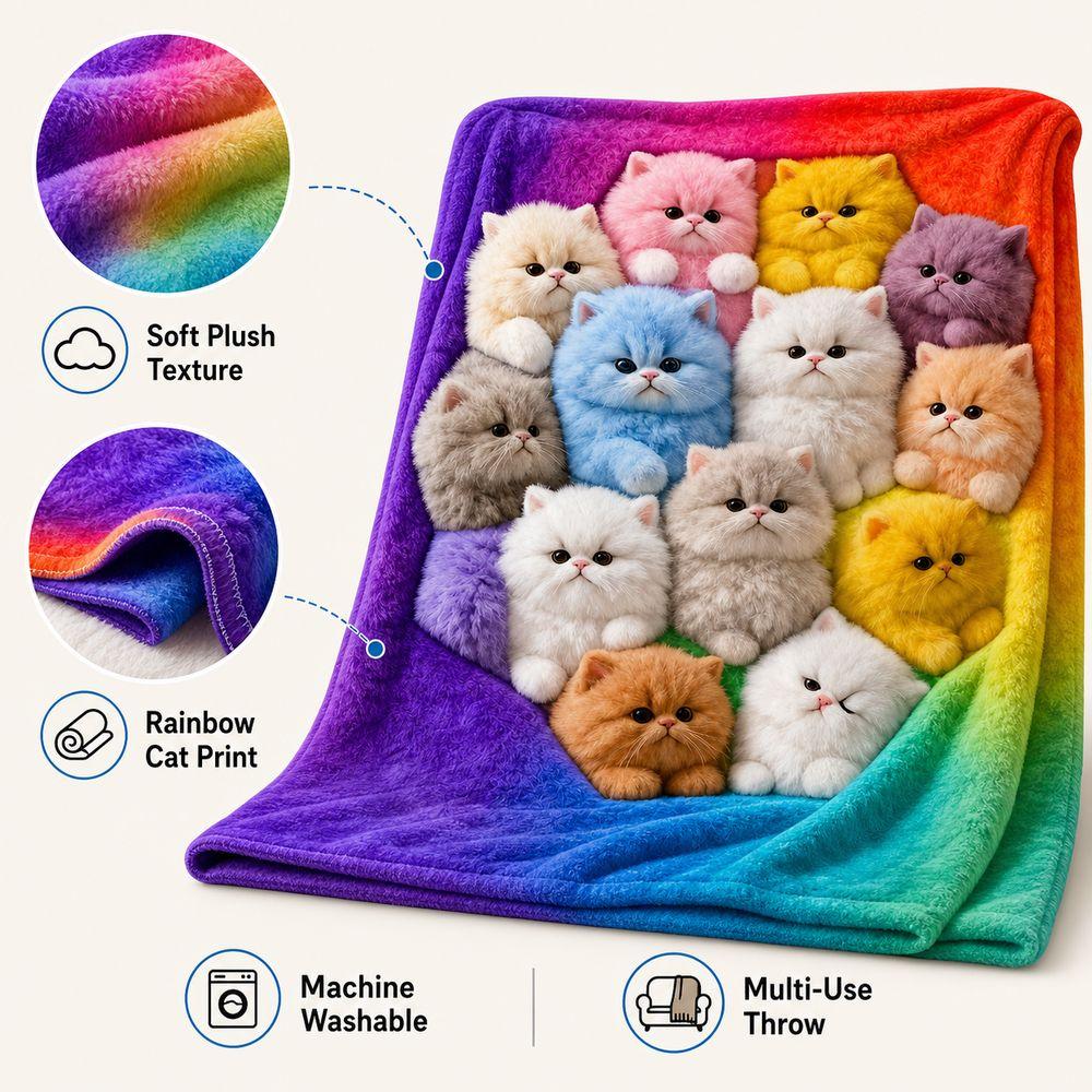 150x130cm Plush Blanket Rainbow Gradient Nap Blanket Cat Print Blanket for Kids Room Home Travel