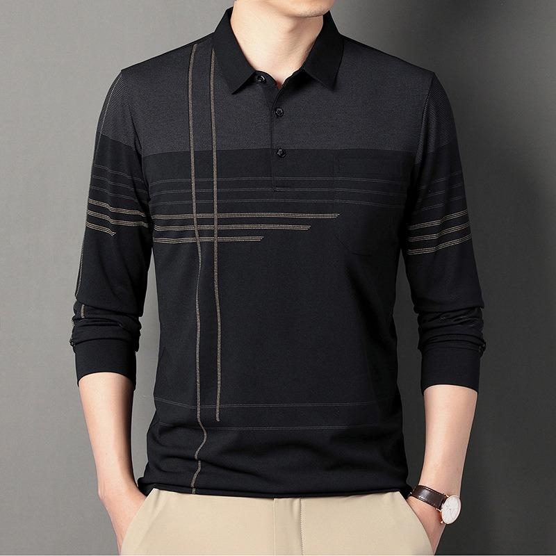 Men S Long Sleeve Striped Polo Shirt Casual Middle Age Dad Style