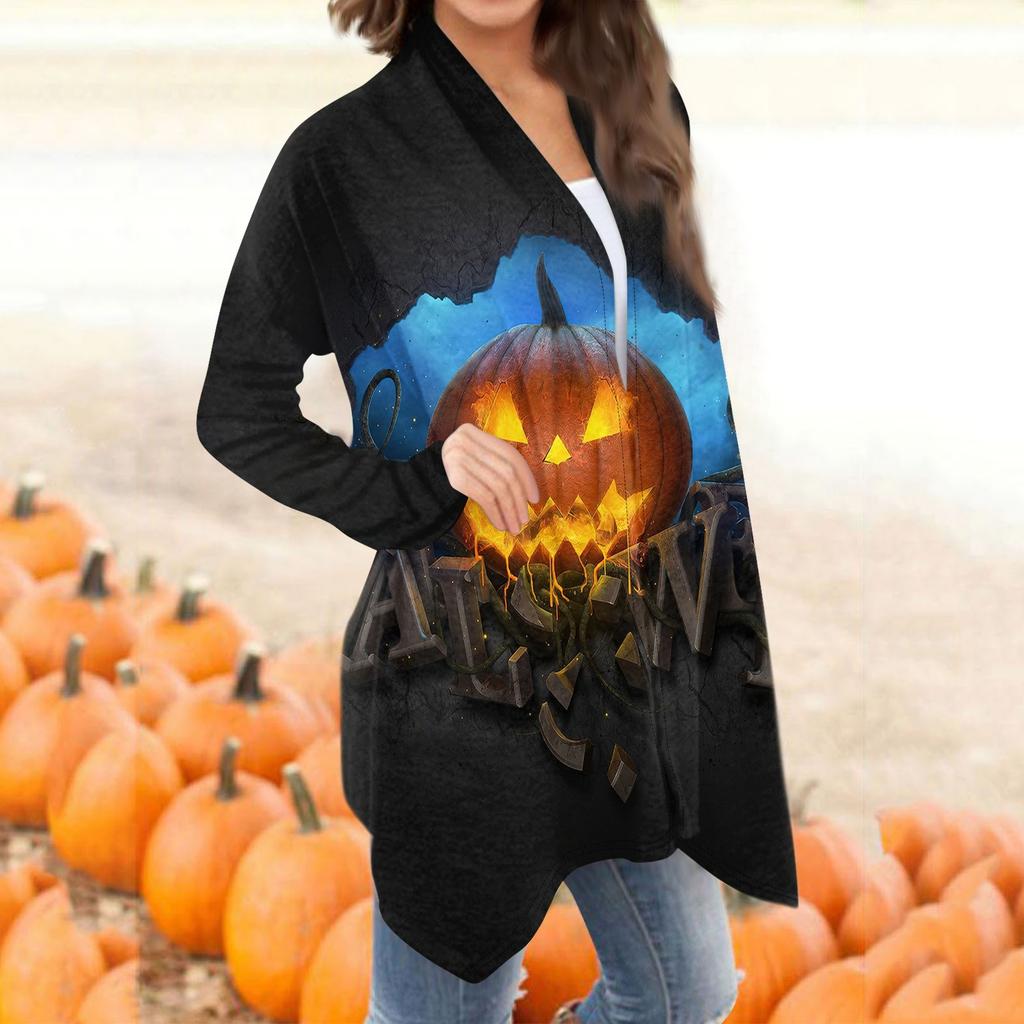 Женская мода, повседневный кардиган с принтом на Хэллоуин, средней длины, куртка, пальто