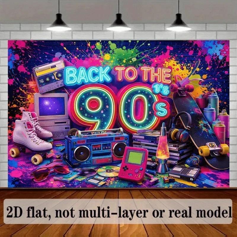 2D plane 90s theme party backdrop fabric. The picture shows a neon-style design.