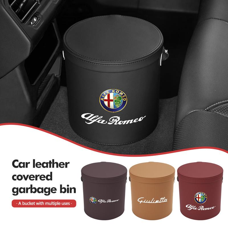 For Alfa Romeo Leather Car Trash Can Portable Trash Bin Garbage Box Organizer Accessories 159 Giulietta 156 147 Giulia Mito GTGZ0