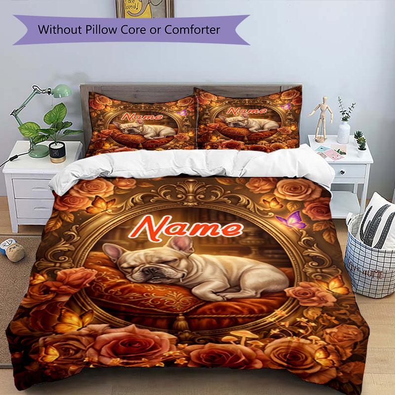 3PC Custom Name "Floral Frame Dog" Bedding Set Printed Bedding Set Duvet Cover Closure Includes 1 Duvet Cover & 27 Pillowcases for Bedroom