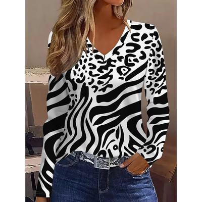 Черно-белый леопардовый принт, зебровые полосы, цветная блочная вставка, графический принт по всему телу, дышащая футболка с V-образным вырезом и длинными рукавами
