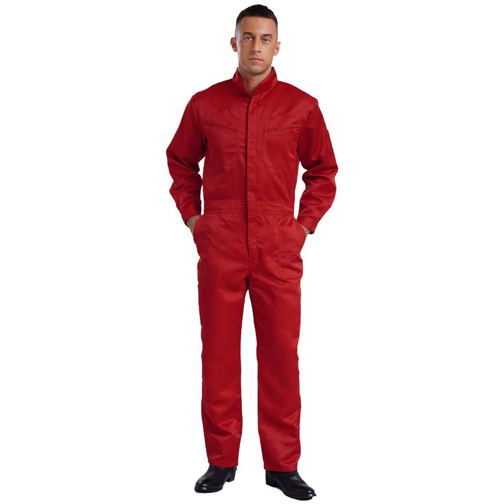 Mens Pure Cotton Jumpsuit Stand Collar Design Long Sleeve Front Zip Overalls Work Uniform Coveralls