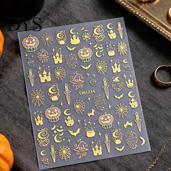 Holiday Nail Stickers Halloween 3D Art Stickers, Metallic Golden Pumpkin Ghost Spider Web DIY Supplies Witch Hat Decals, Self-Adhesive Manicure