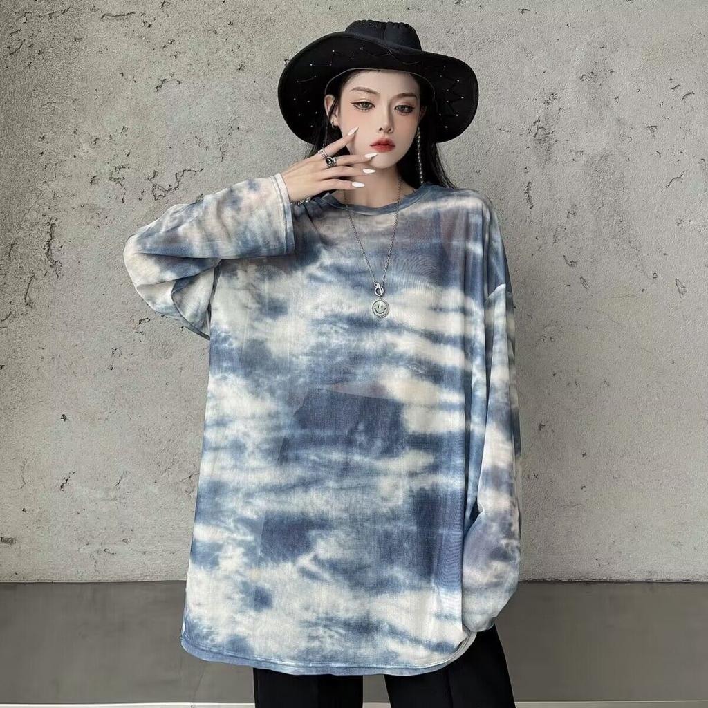 Большие размеры Женские футболки с длинным рукавом Солнцезащитные топы Свободные повседневные летние сетчатые футболки с принтом тай-дай Женская одежда больших размеров