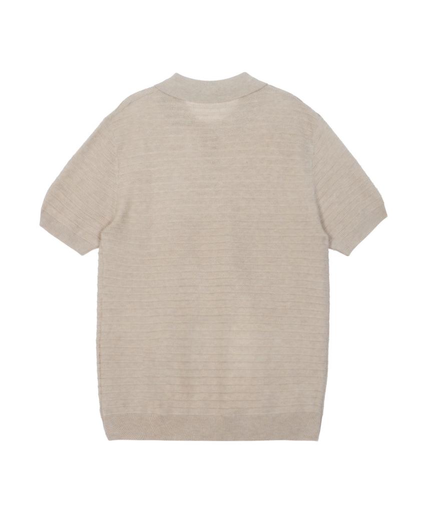 MAKEITTO Striped Texture Collar Knit Short Sleeve T-Shirt_Beige