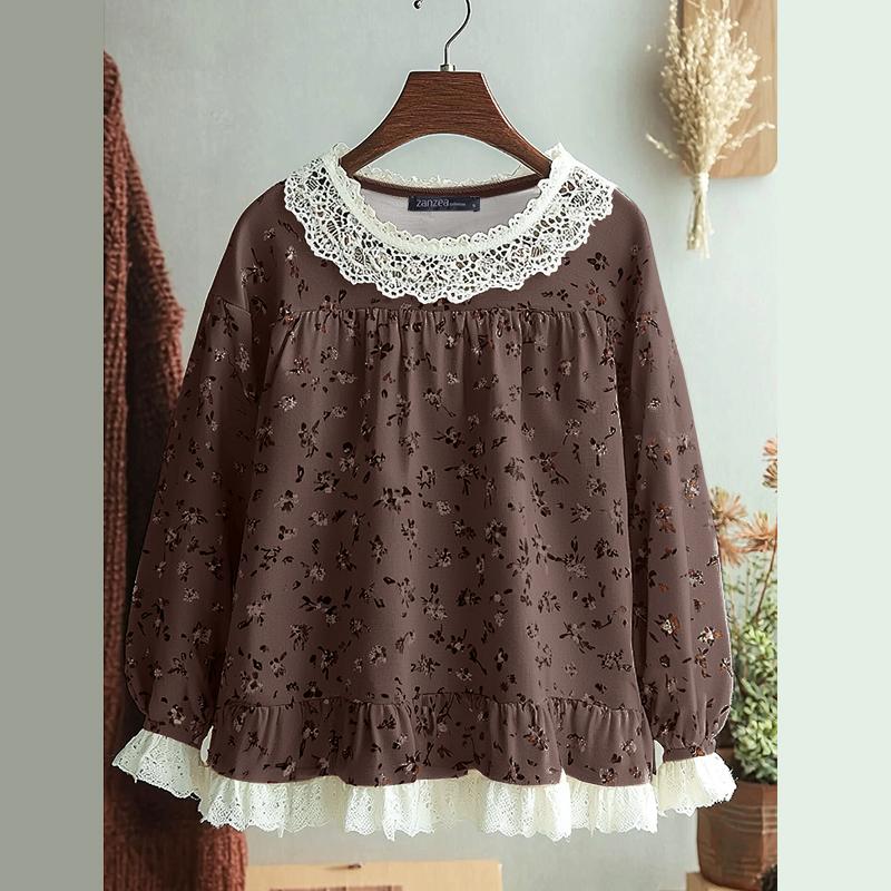 ZANZEA Женские повседневные кружевные блузки с круглым вырезом и цветочным принтом с длинным рукавом