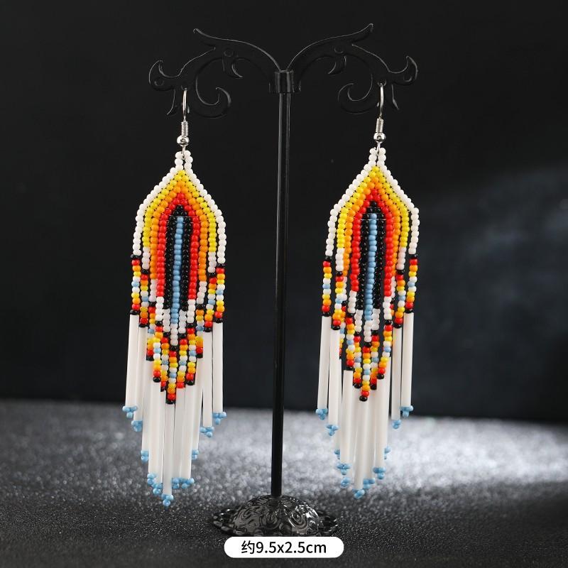 Длинные серьги с кисточками из рисовых бусин ручной работы, богемная ниша в стиле ретро, ​​персонализированные и стильные серьги для отдыха.