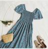 "French Retro Floral Square Neck Puff Sleeve Dress for Petite Women - High Waist, Sweet, Short Spring Style"