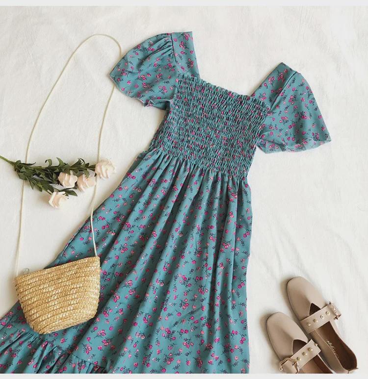 "French Retro Floral Square Neck Puff Sleeve Dress for Petite Women - High Waist, Sweet, Short Spring Style"