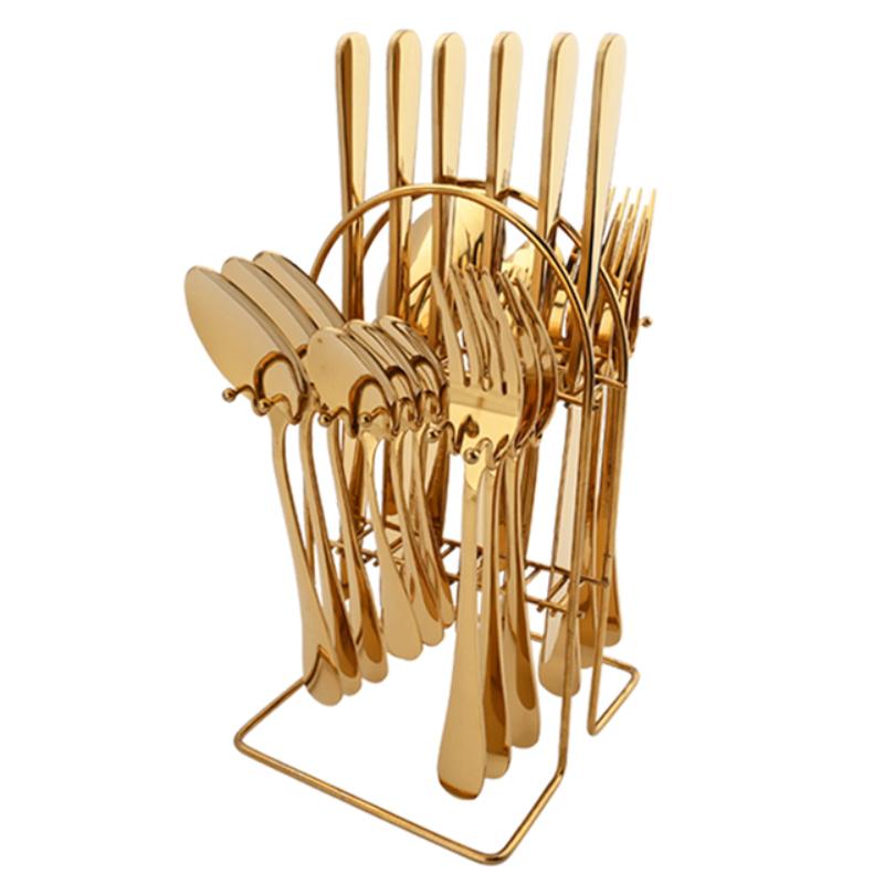 24 шт. золотой набор столового серебра с держателем, роскошная посуда из нержавеющей стали, обеденный нож, вилка, ложка, столовые приборы, набор столовых приборов со стойкой для хранения