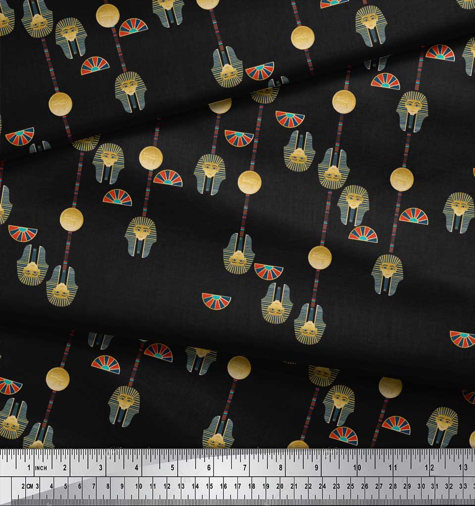 Soimoi Черная японская креп-атласная ткань с принтами из египетской ткани с монетами и женской головой по метрам 42 дюйма