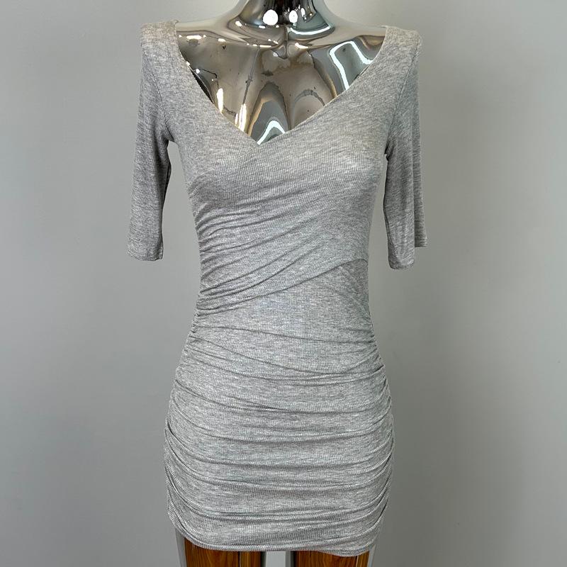 Gray Long-Sleeve Sexy Chest-Revealing Tight Hip Dress