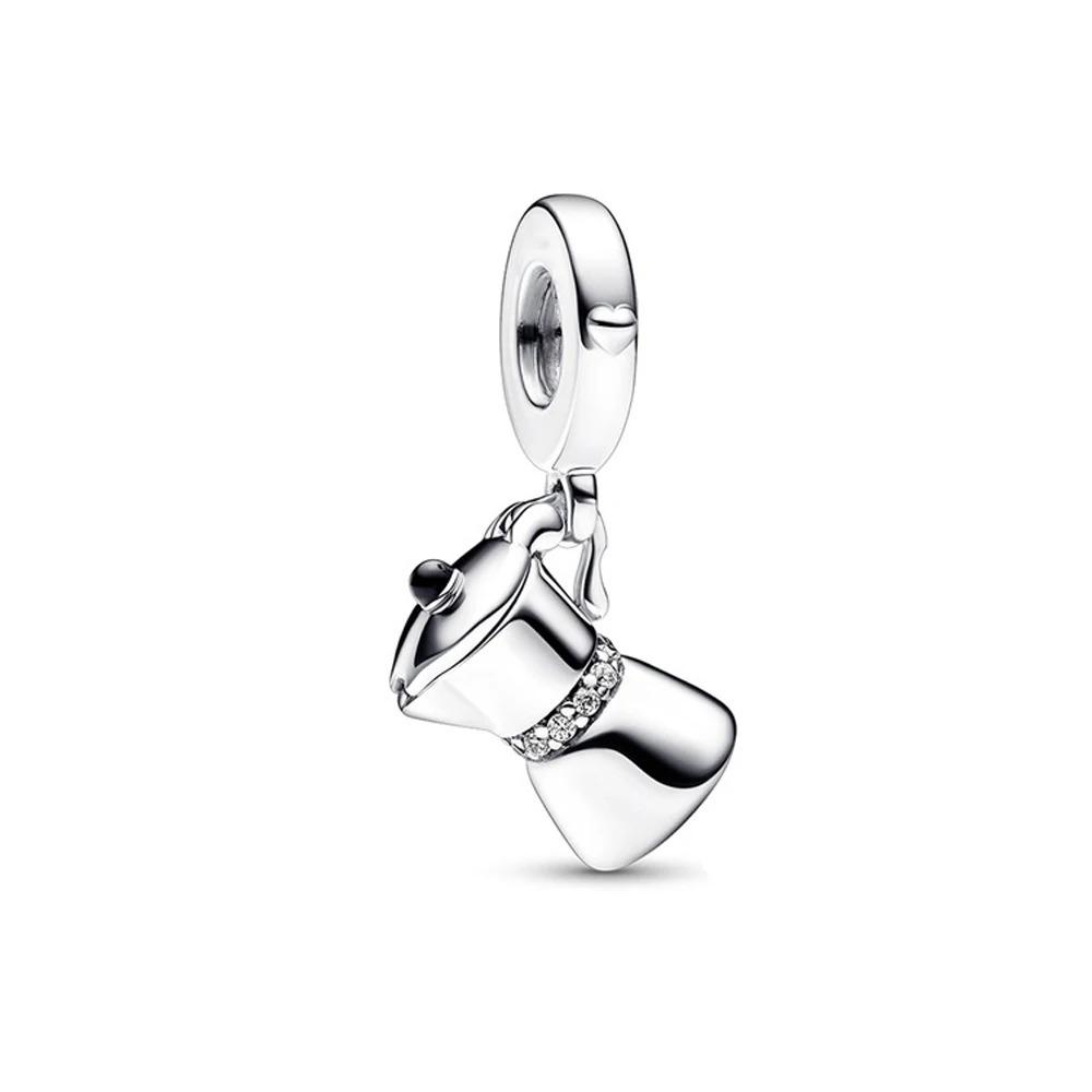S925 Silver Lollipop Coffee Pot Charm Beads with Love Lock Key for DIY Women Bracelet Jewelry Boutique