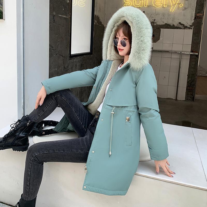 Женская осенне-зимняя тонкая теплая длинная парка с капюшоном и меховым воротником с длинным рукавом и плюшевой завязкой