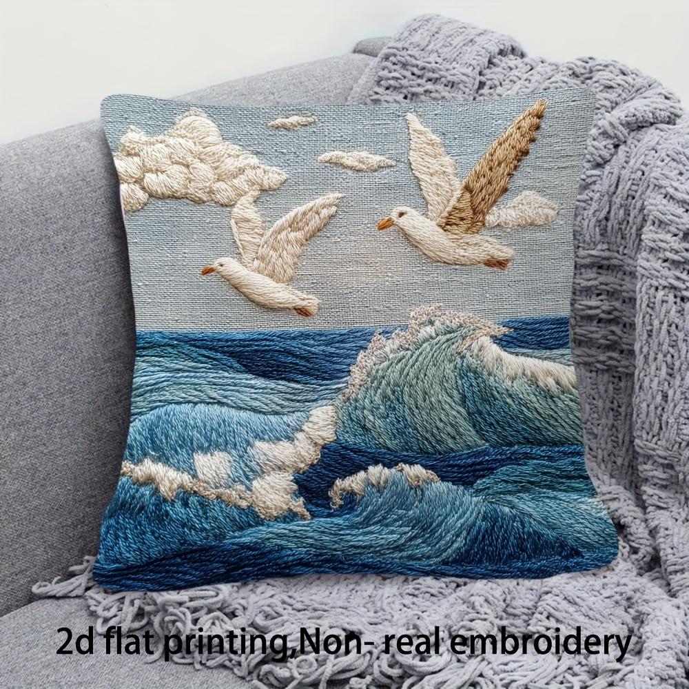Seagull Ocean Pillow Cover 2D Embroidered Print Coastal Wave Seabird Cushion Case For Sofa Bed Couch Nautical Beach Home Decor