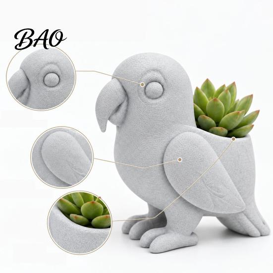 Ceramic Style Garden Ornament 3D Printed Parrot Flower Pot, Creative Animal Succulent Planter, Unique Bird Gift for Gardeners Shaped Plant Container