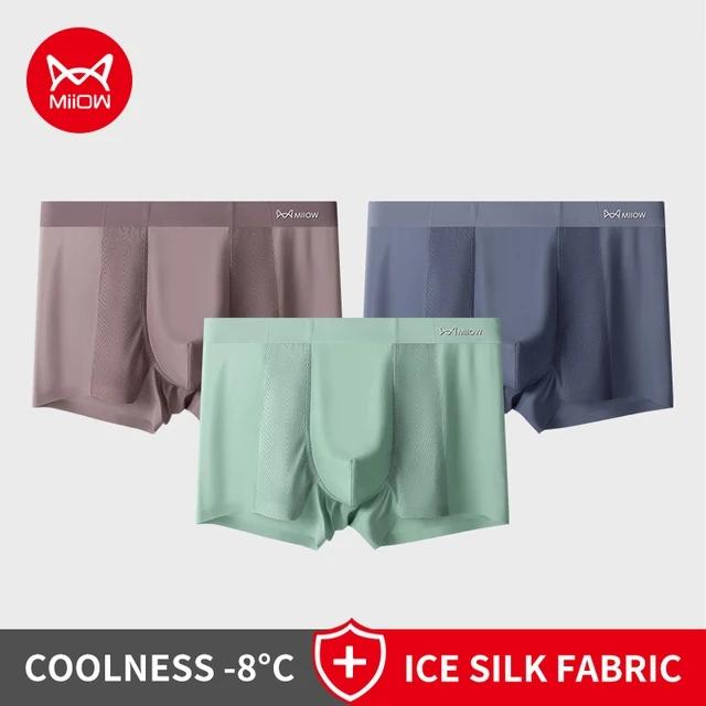 MiiOW 3 шт. летние мужские трусы-боксеры из ледяного шелка, бесшовные сетчатые дышащие мужские трусы, хлопковые мужские трусы с промежностью, мужские боксеры