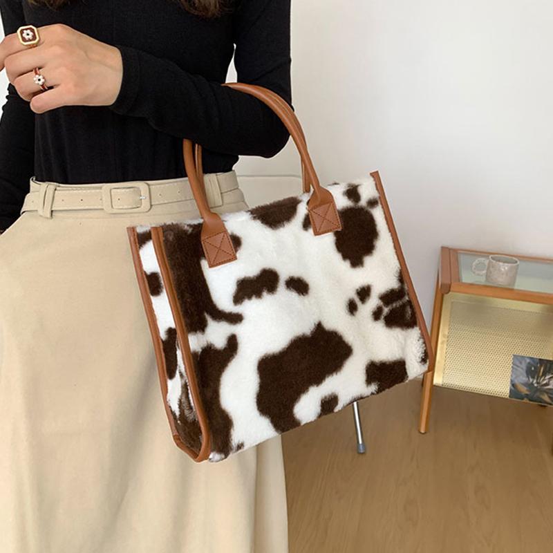 Женская зимняя теплая мягкая плюшевая сумка на плечо, модная сумка-тоут с леопардовым принтом коровы из искусственного меха, большая вместительная сумка