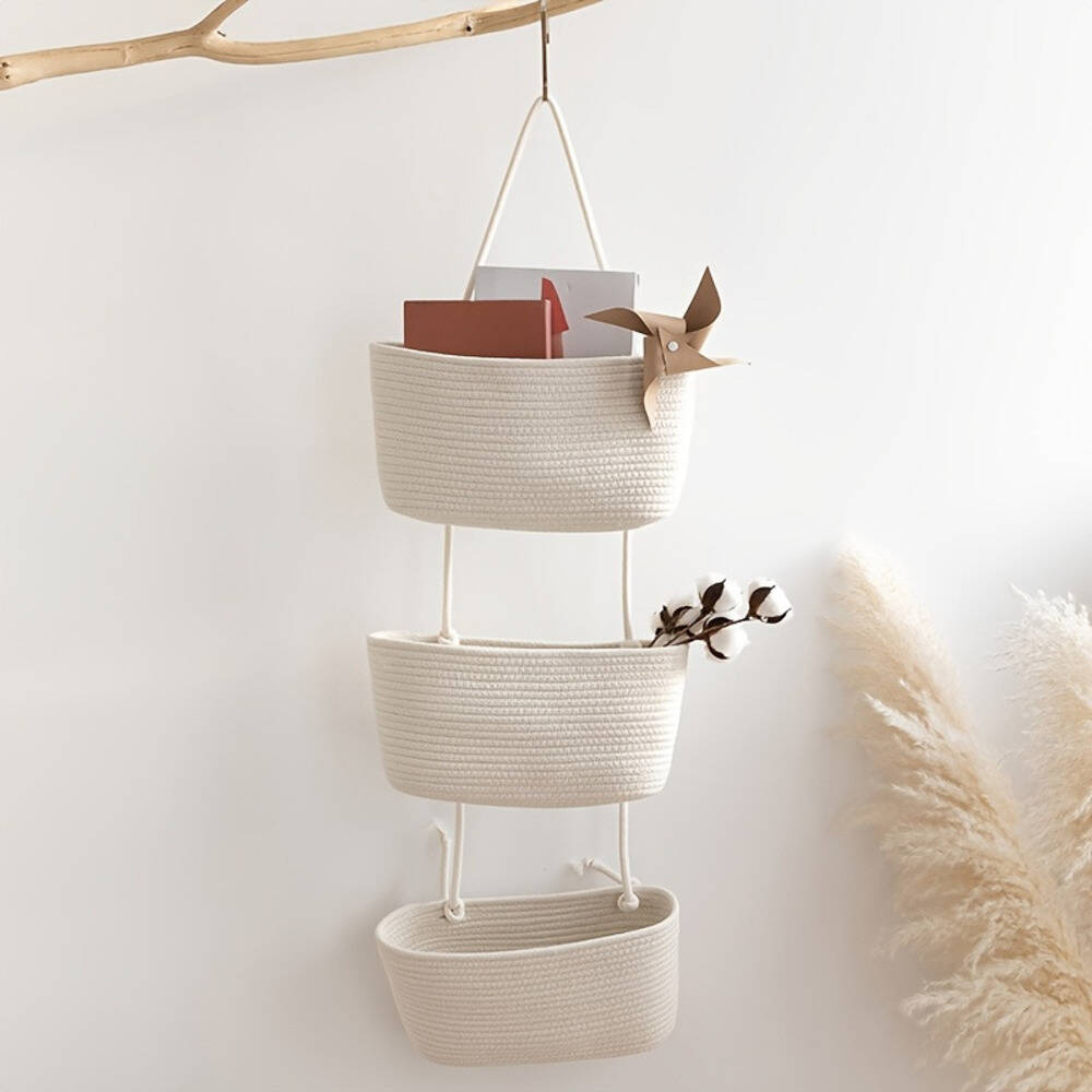3-tier Rope Woven Fabric Basket, Boho Style, Over The Door, Decorative Starage For Living Room, Bathroom Shelf Baskets