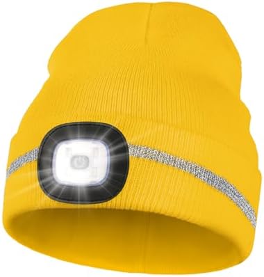 MELASA Reflective Stripe LED PVC Beanie High Visibility Winter Hat with Light for Outdoor Work Sports Unisex Adults