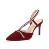 L-101 2025 Босоножки со стразами Баотоу Женские Сексуальные Ремешок на одно слово Шпилька Сказочный стиль Высокий каблук Красные Свадебные туфли