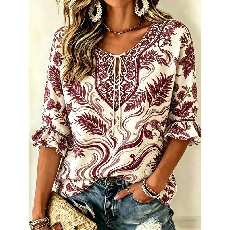Women's Round Neck Tie Front Plant Print 3/4 Ruffle Sleeve Blouse Holiday Dating Casual Spring Summer Tops