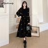 Autumn Winter Women Thick Warm Midi Dress O Neck Patchwork Knitting Hollow Out Dress Floral Embroidery Corduroy Vintage Dress