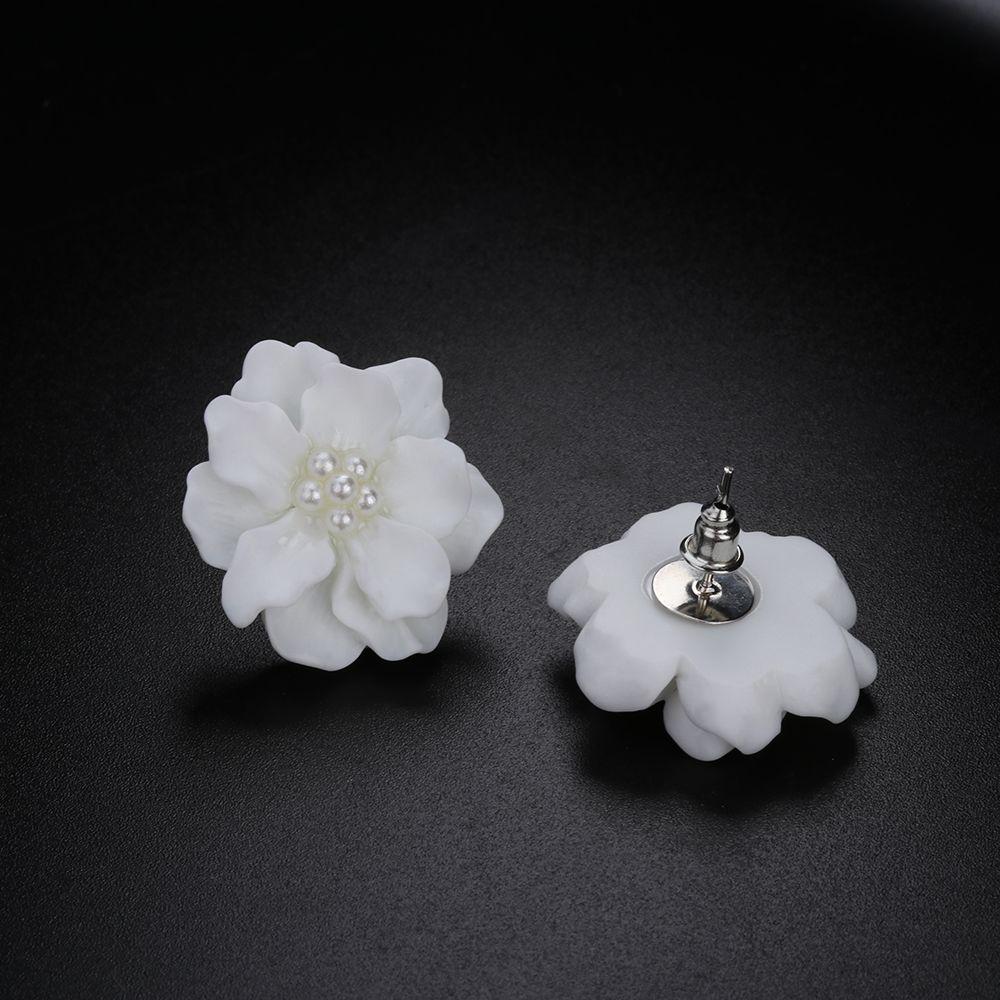 Elegant Women Girl Inlay Beads Simulated Pearl Stud Earrings Camellia Big White Flower