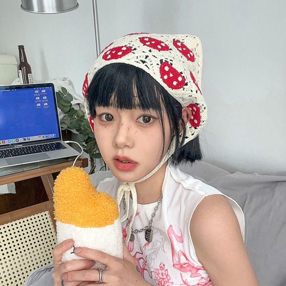Hand Crocheted Tricot Triangle Scarf Hair Accessories Hair Binding Mushroom Hair Band Strap Turban