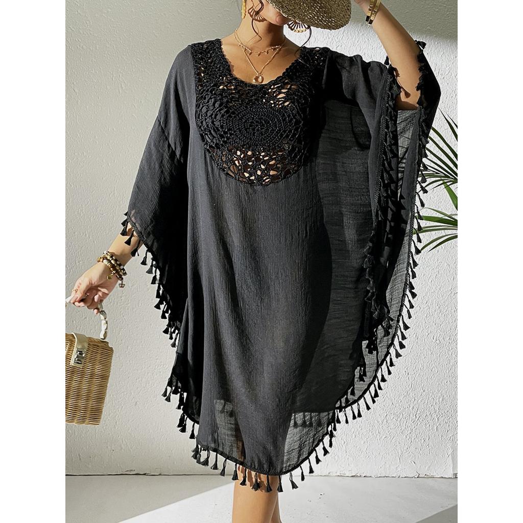 Женское свободное повседневное пляжное бикини с короткими рукавами и кисточками в стиле пэчворк для отдыха