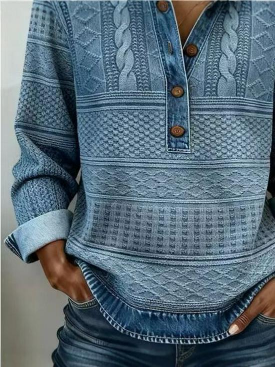 Женская вязаная рубашка с лацканами и длинным рукавом в европейском стиле 2025 года - Универсальная повседневная рубашка с пэчворком из денима для осени/зимы